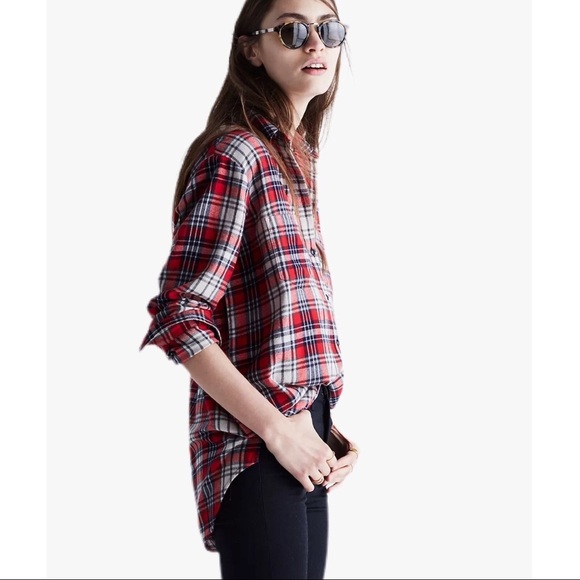 Madewell Red Oversized Ex Boyfriend Plaid Flannel Button Down Shirt Size XS - Picture 3 of 14